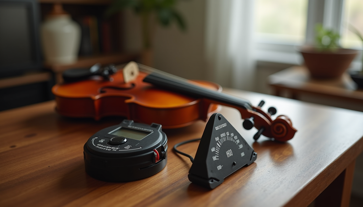 High angle view of violin and metronome on a wooden table