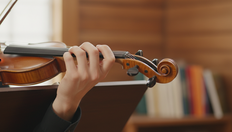 Close-up of a violinist adjusting the A string fine tuner.