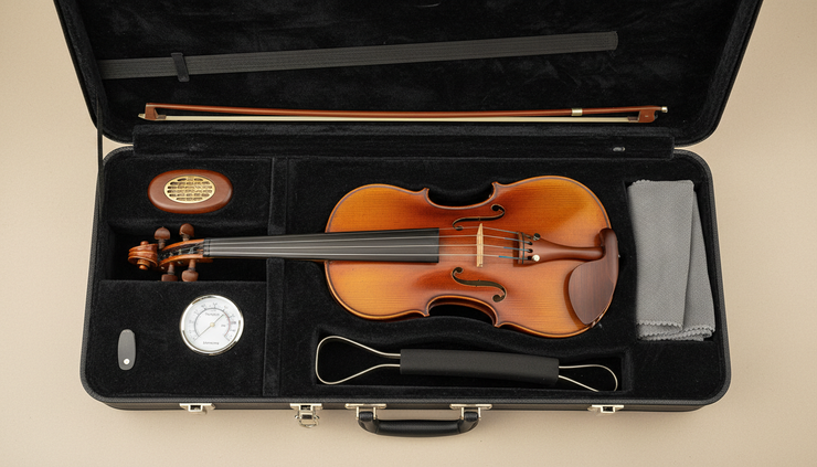 Top-down view of a violin case with a small case humidifier, hygrometer and cleaning cloth.