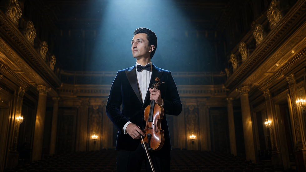 Dior Violin, a violinist in Singapore, on stage holding a violin.