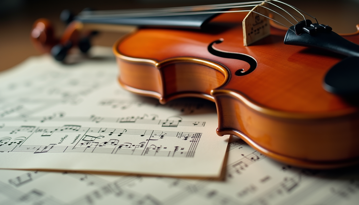Eye-level view of a violin resting on sheet music with classical notes