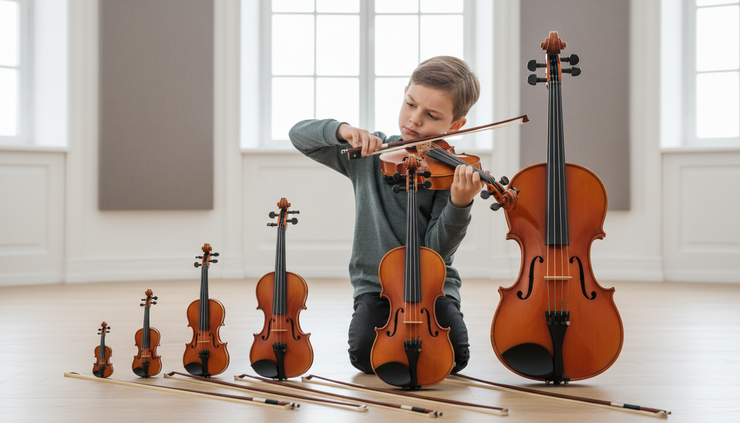 Eye-level view of a beginner holding a violin in playing position while checking arm reach