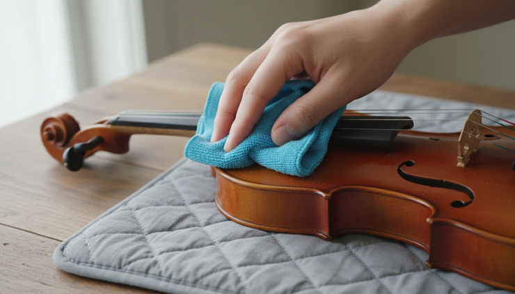 Close-up of a hand wiping violin strings with a soft cloth.