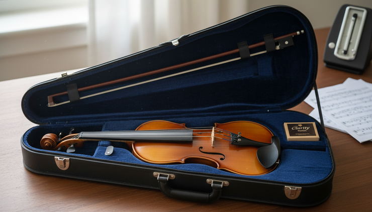 Eye-level view of a violin case with a clean violin and bow stored neatly.