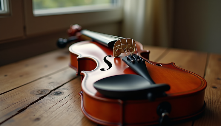 Close-up view of a handcrafted Italian violin resting on a wooden table