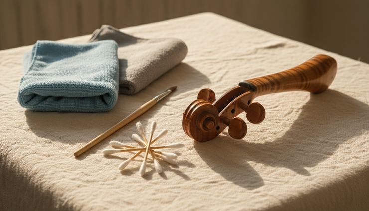Close-up of safe violin cleaning supplies on a cotton cloth.