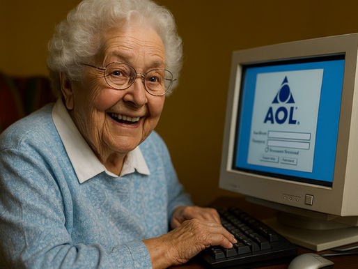 An elderly woman smiling proudly while using a vintage computer with the AOL login screen displayed, symbolizing the early days of internet access and beginner-level tech exploration.