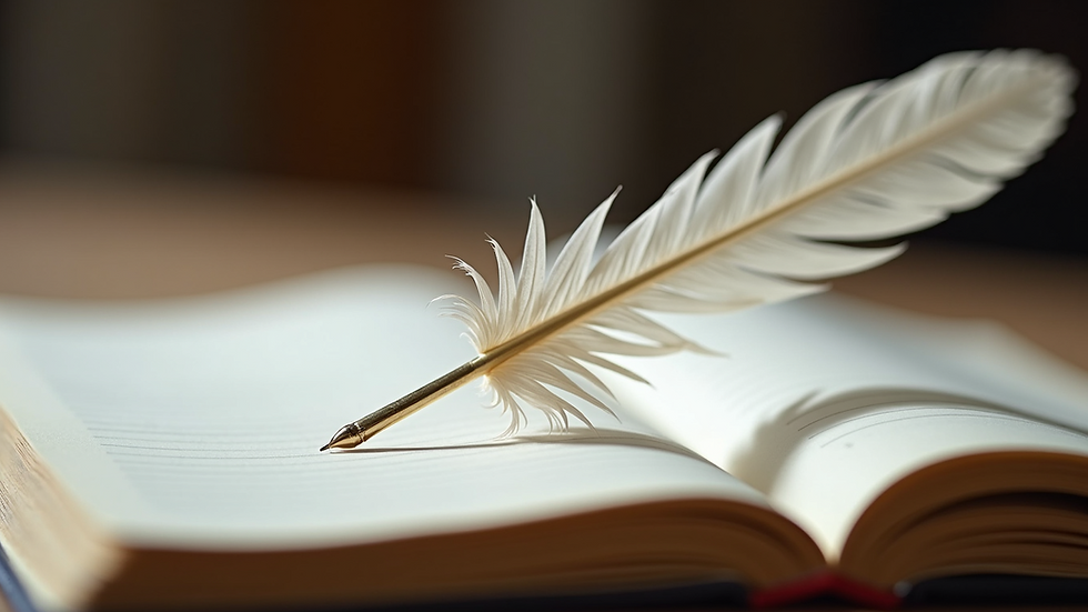 Close-up view of a quill resting on an open notebook
