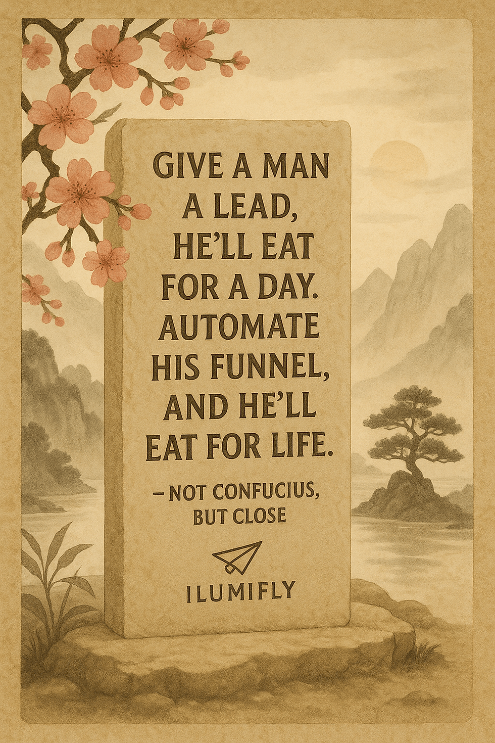 A tongue-in-cheek quote on marketing automation from Ilumifly, highlighting the power of lead funnels and small business growth strategies with a wink to Confucius.