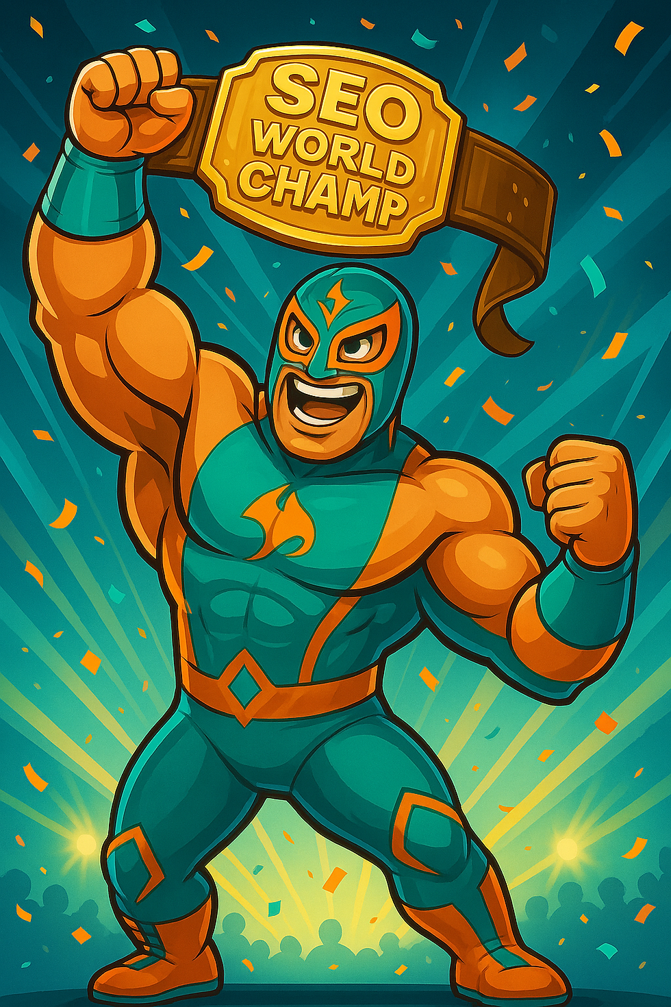 A cartoon-style luchador in teal and orange Ilumifly colors proudly holding a golden championship belt reading "SEO World Champ" above his head, standing in a spotlighted arena with confetti raining down.
