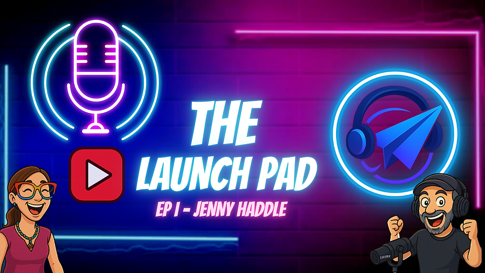 Colorful podcast graphic for The Launch Pad featuring hosts in cartoon style, a neon microphone, and a paper airplane in headphones. Text reads “The Launch Pad – Ep 1: Jenny Haddle.