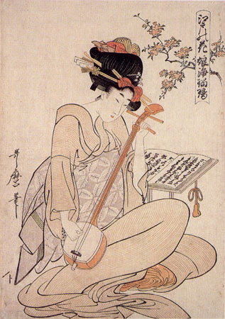 Kitagawa Utamaro, "Flowers of Edo: Young Woman's Narrative Chanting to the Samisen", c. 1800