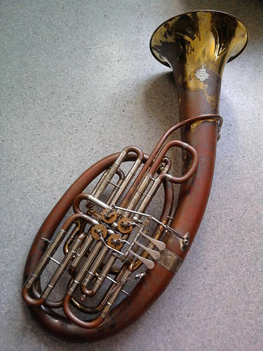 A model 110 double Wagner tuba in F/Bb, built by Gebr. Alexander Mainz.