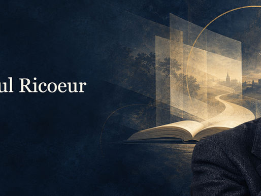 Portrait illustré de Paul Ricœur, devant un livre ouvert et un chemin lumineux, sur fond bleu nuit et or.