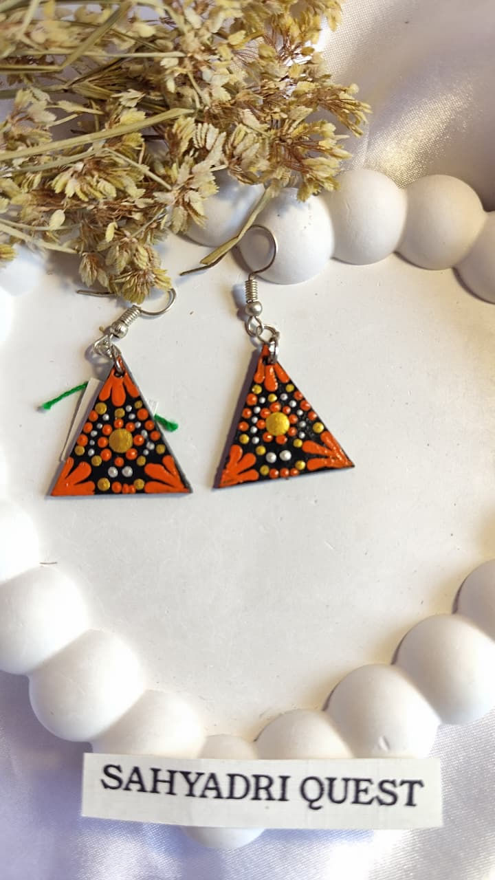 Thumbnail: Handpainted Triangle Design wooden (MDF) earings