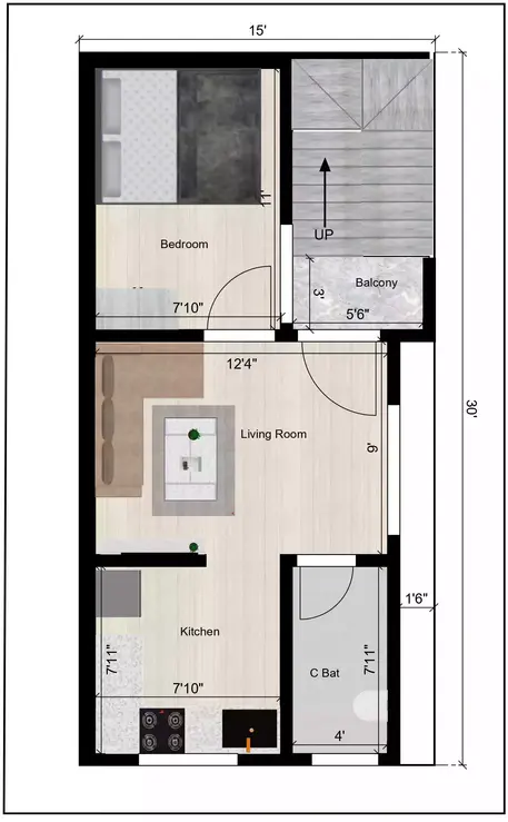 15 by 30 home plan of the Residential building 1st Floor Plan