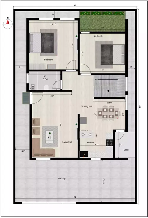 35 55 south facing house plan of the Residential building ground floor plan