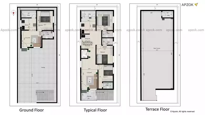North Facing 3BHK Home Design 25x60 ft | RI0009