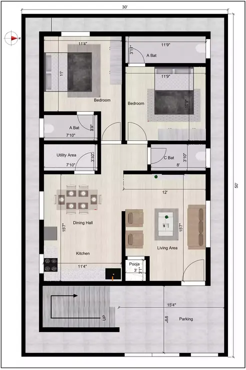 30' × 50' east-facing site, designed primarily for rental purposes ground floor plan