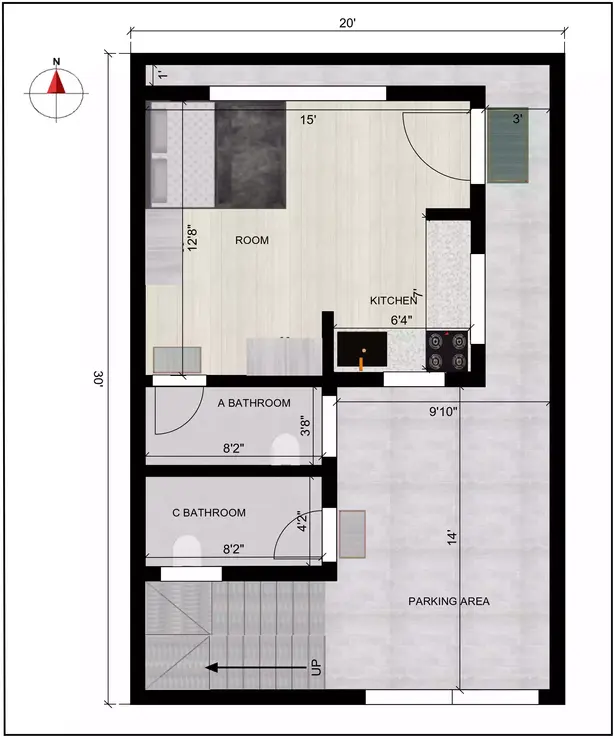 20 * 30 south face house plan 4bhk with 1hk plot, spans four levels Ground Floor