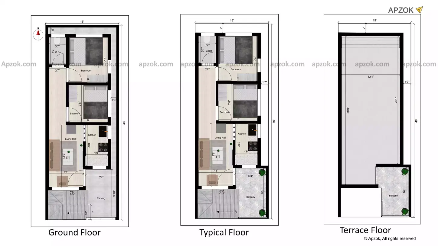 15 * 40 house plan south facing typical floor plan