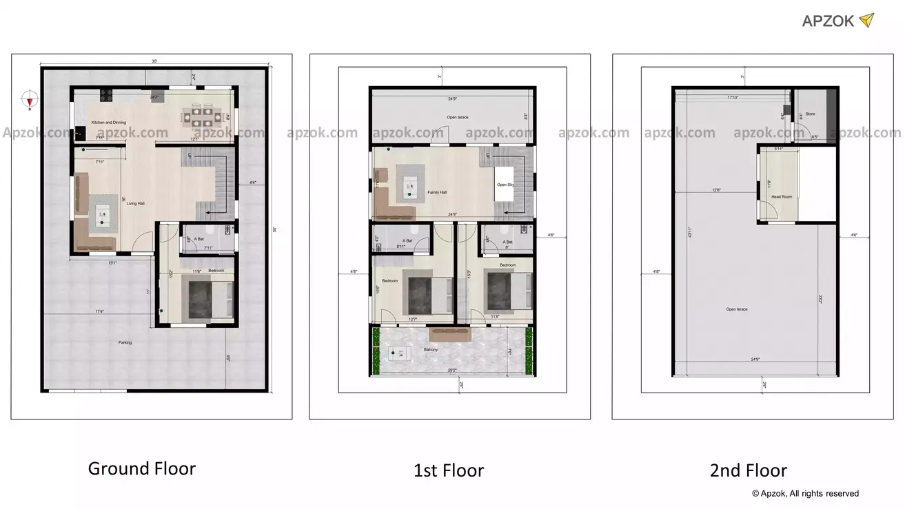 35 by 50 3bhk house plan of the Residential building size is 35’x 50’ feet and facing in North direction