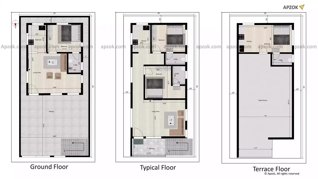 25 * 50 house plan north facing 2bhk with 1bhk rent