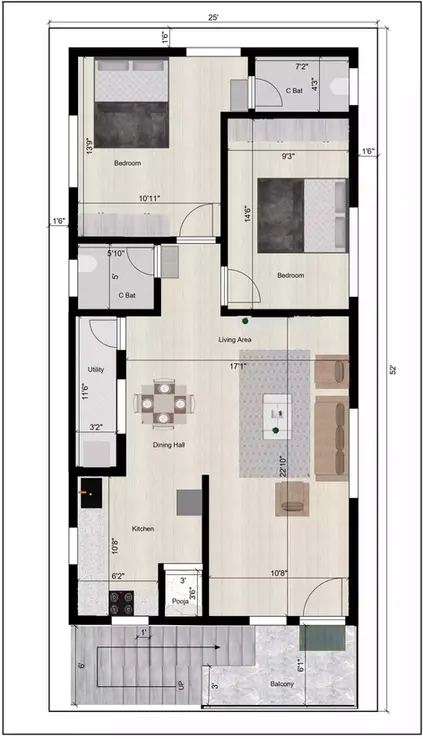 The 25 52 house design 2bhk east facing with 1bhk ground floor rent plan 1st Floor