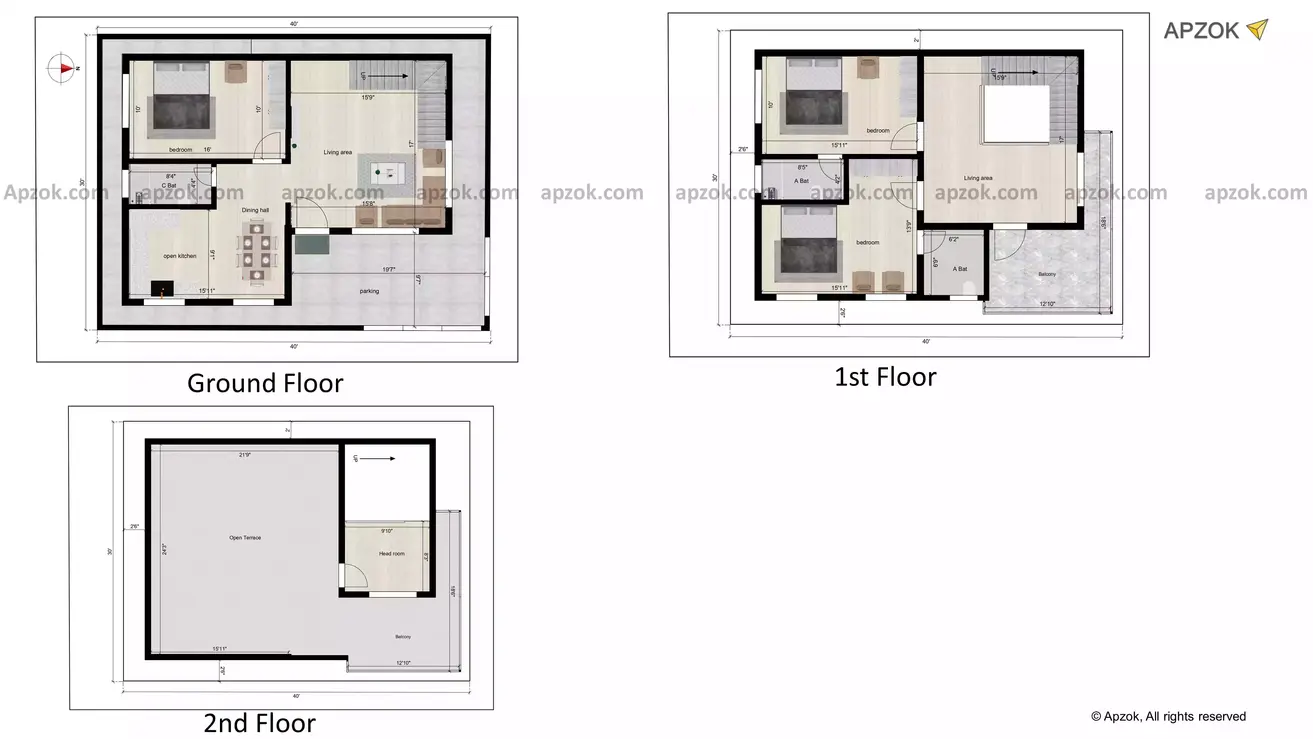 3bhk house plan in 40 * 30 plot