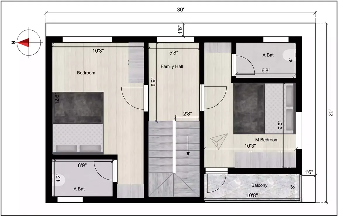 30' x 20' feet and faces west, designed with a G+3 structure 2nd Floor Plan