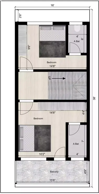 16 x 38 feet house design duplex plan north face of the Residential building 2nd Floor Plan