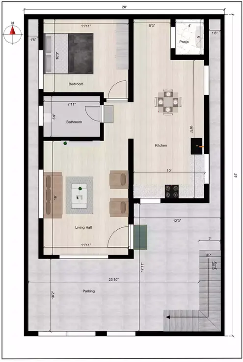 28 * 45 south facing house plan of the Residential building Ground Floor Plan