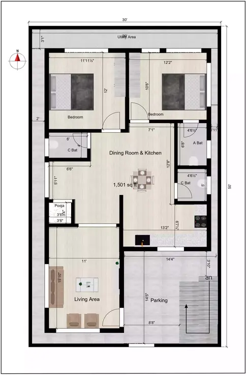 30' x 50' south-facing site, primarily designed for rental purposes ground floor plan