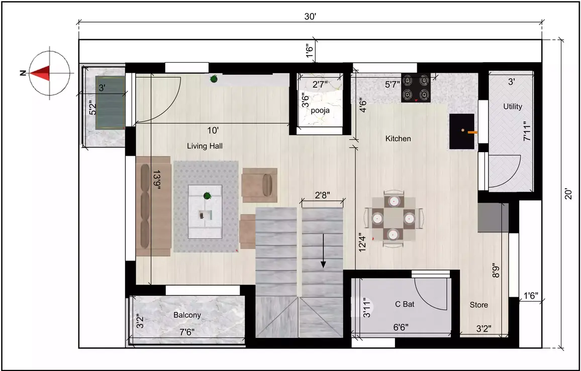 30' x 20' feet and faces west, designed with a G+3 structure 1st Floor Plan