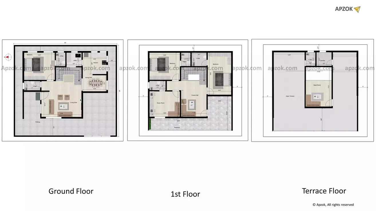45 * 40 west facing house plan of the Residential building facing in West direction