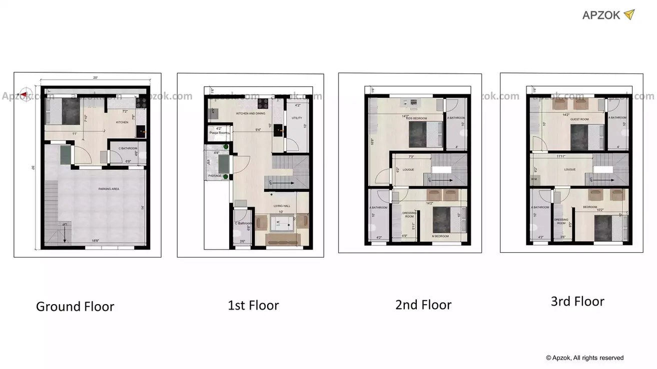 Modern 20 * 30 duplex house design 4bhk plan, designed over four levels