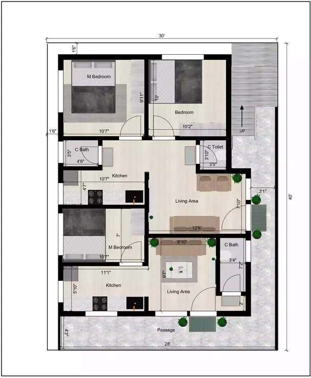 30 40 site house plan 2 portion 2bhk with 1bhk east-facing property is a well-designed rental house 1st Floor Plan