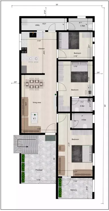 30 * 65 3d house plan of the Residential building 1st Floor Plan