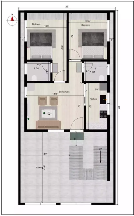 25 * 50 house plan 3bhk south facing with 2bhk rent Ground Floor Plan