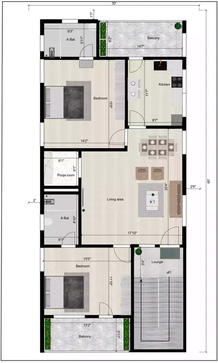30 * 60 house plan west facing 2bhk with 1bhk of the Residential building 1st Floor Plan