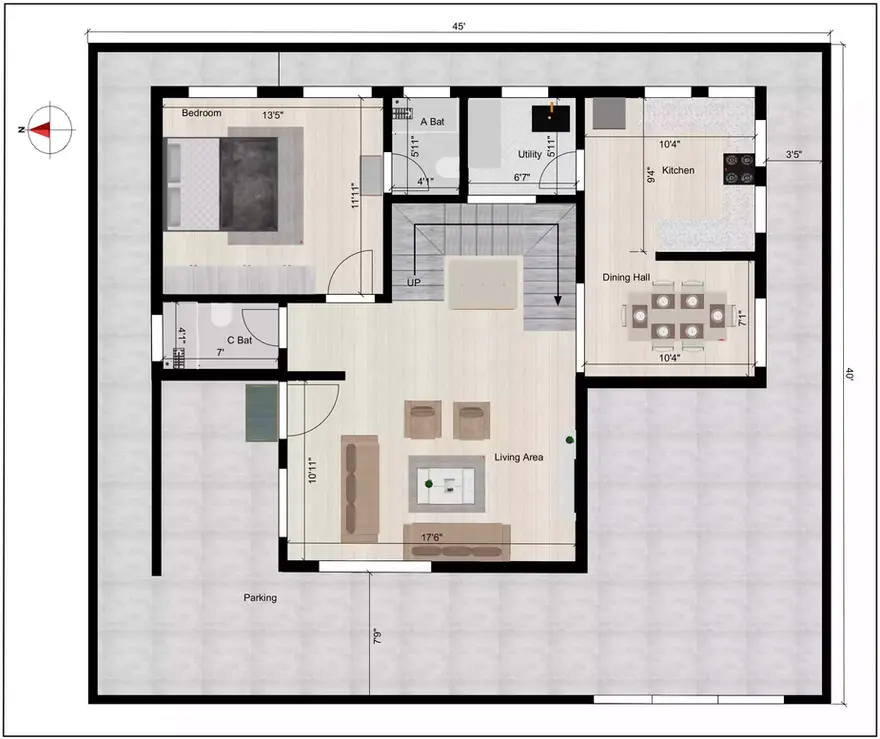 45 * 40 west facing house plan of the Residential building facing in West direction Ground Floor Plan