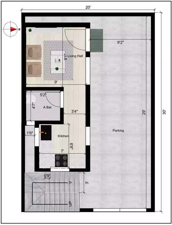 20x30 1 bhk house plan of the Residential building Ground Floor