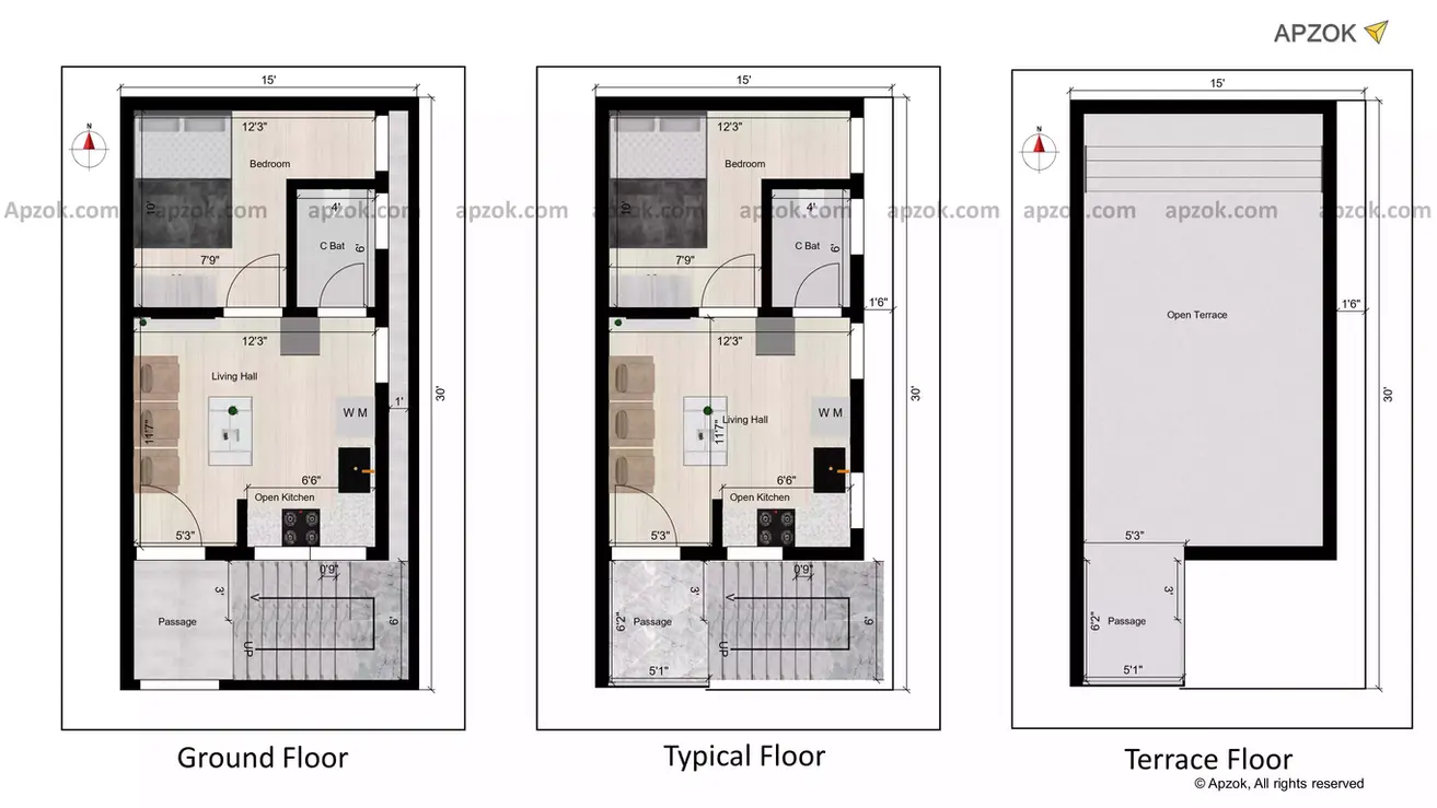 15 * 30 house plan of the Residential building