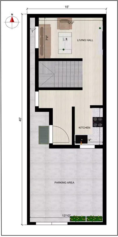 Duplex house plan for 15x40 site of the Residential buiding Ground Floor
