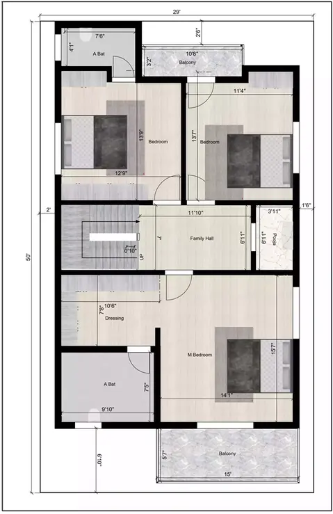 east-facing 30' x 50' plot, intended for a luxurious, well-ventilated, independent duplex house 1st floor plan