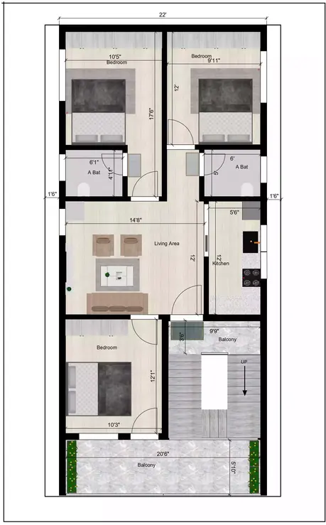 25 * 50 house plan 3bhk south facing with 2bhk rent 1st Floor Plan