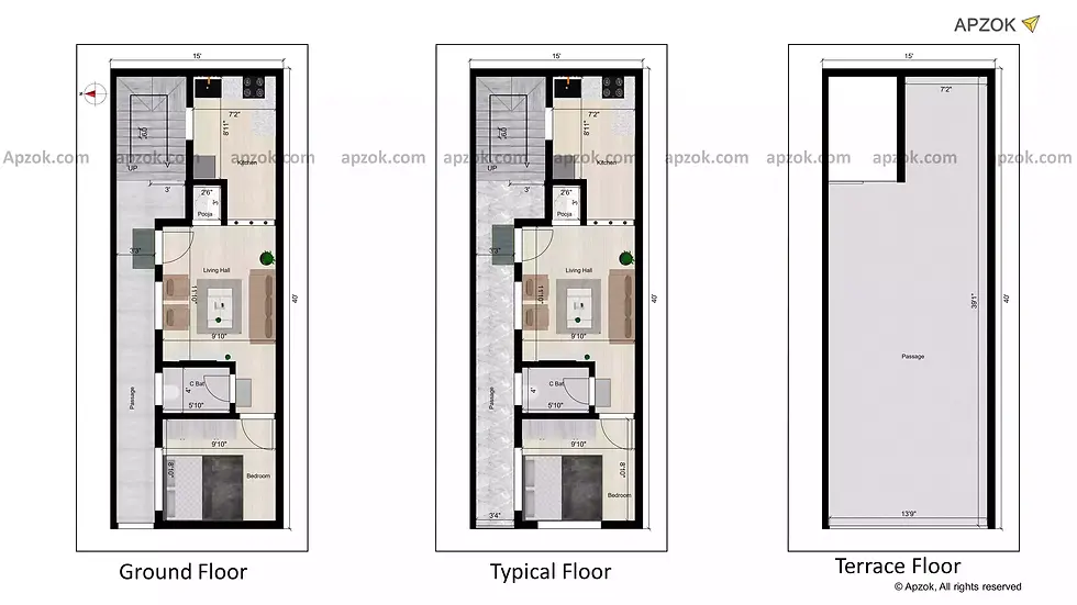 Thumbnail — 15 × 40 ft (4.57 x 12.19 m) 1BHK West house plan, Plan RB0020