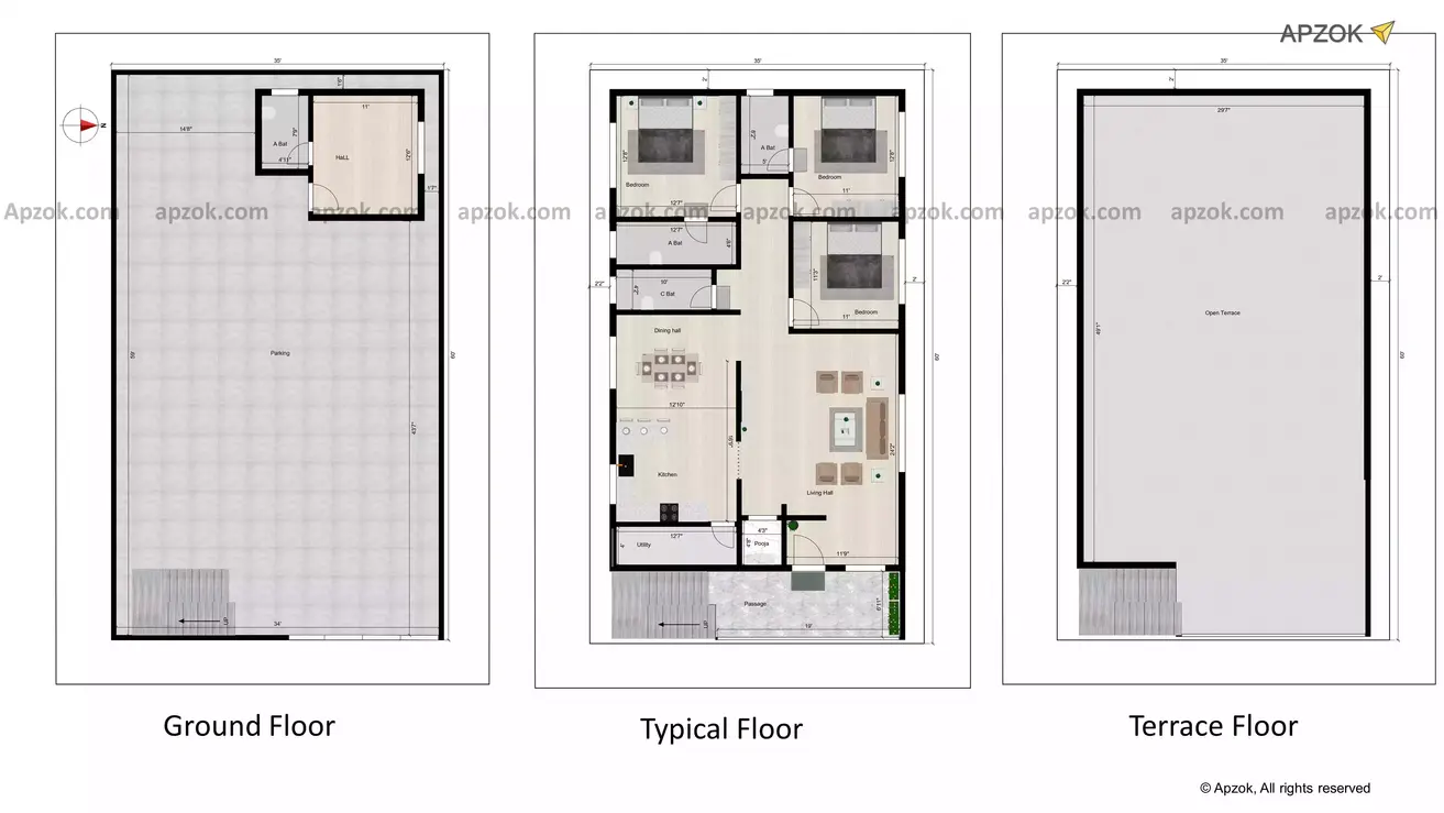 35 60 house plan 3bhk east facing