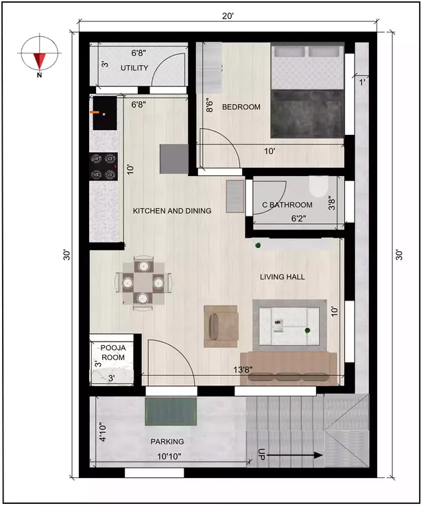G+3 floor plan on a 20 * 30 1 bhk house plan with 1hk north-facing plot Ground Floor