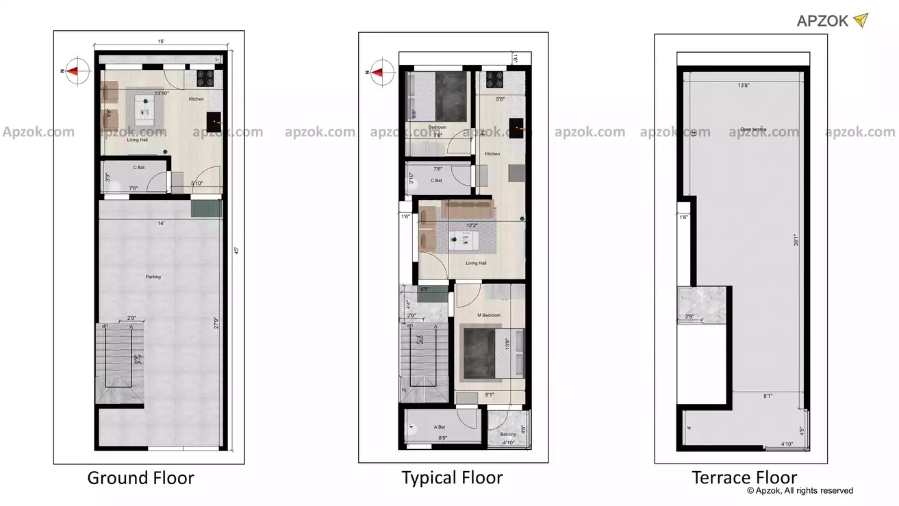15 45 house plan 2 bhk typical floor plan